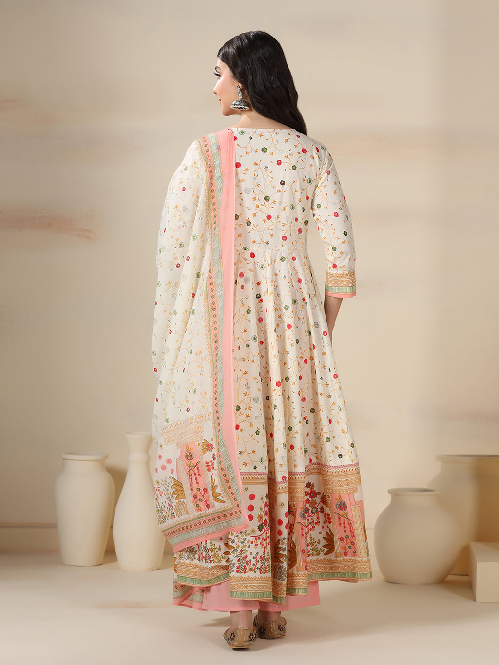 Cream Pure Cotton Printed Mirror Work V-Neck 3/4 Sleeves Calf Length Flared Kurta Pant And Dupatta Set Mizazjaipur