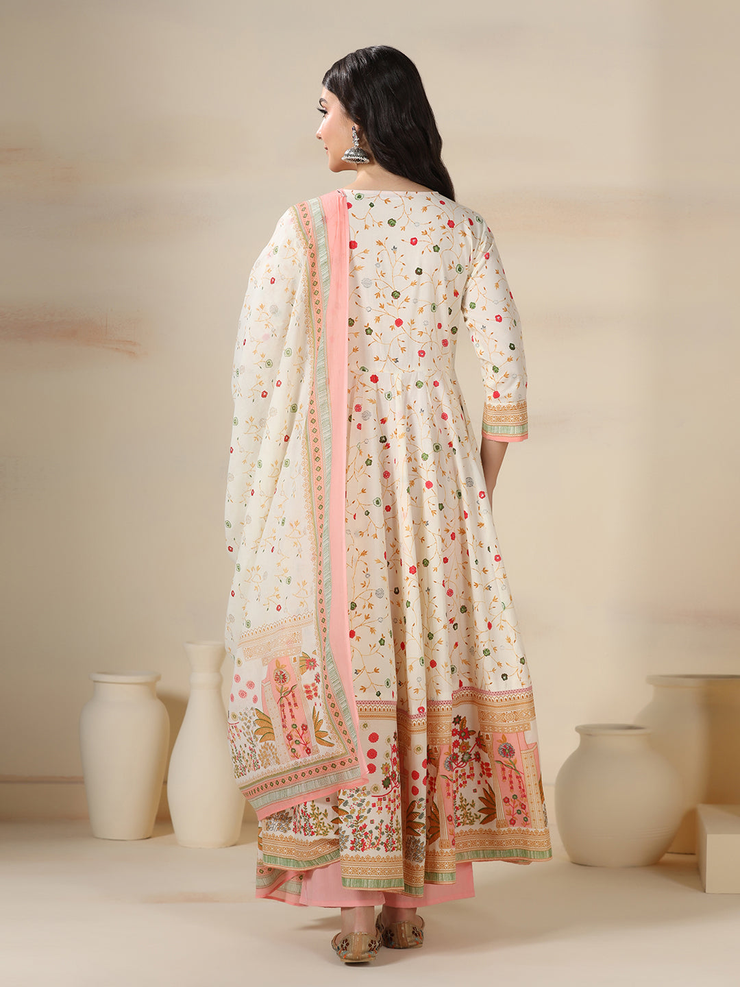 Cream Pure Cotton Printed Mirror Work V-Neck 3/4 Sleeves Calf Length Flared Kurta Pant And Dupatta Set Mizazjaipur