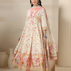 Cream Pure Cotton Printed Mirror Work V-Neck 3/4 Sleeves Calf Length Flared Kurta Pant And Dupatta Set Mizazjaipur