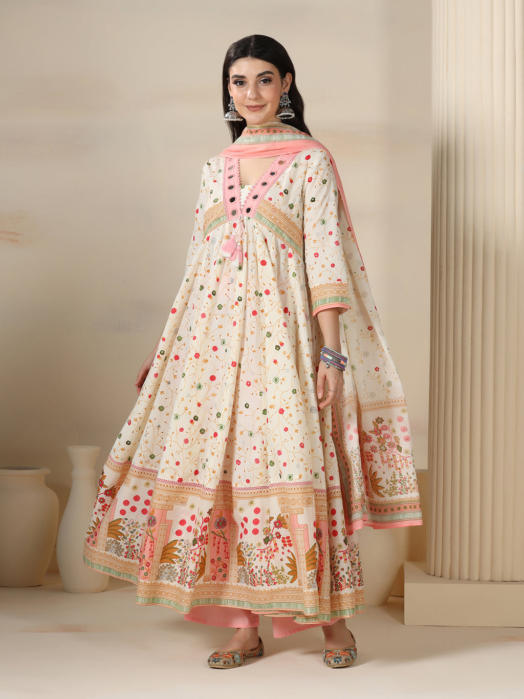 Cream Pure Cotton Printed Mirror Work V-Neck 3/4 Sleeves Calf Length Flared Kurta Pant And Dupatta Set Mizazjaipur