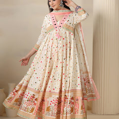 Cream Pure Cotton Printed Mirror Work V-Neck 3/4 Sleeves Calf Length Flared Kurta Pant And Dupatta Set Mizazjaipur