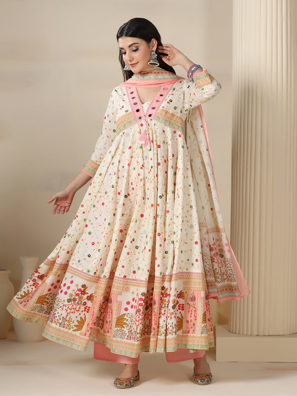 Cream Pure Cotton Printed Mirror Work V-Neck 3/4 Sleeves Calf Length Flared Kurta Pant And Dupatta Set Mizazjaipur