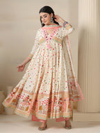 Cream Pure Cotton Printed Mirror Work V-Neck 3/4 Sleeves Calf Length Flared Kurta Pant And Dupatta Set Mizazjaipur