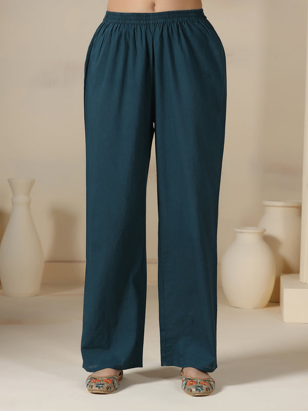 Teal Blue Pure Cotton Printed V-Neck 3/4 Sleeves Calf Length Flared Kurta Pant And Dupatta Set Mizazjaipur