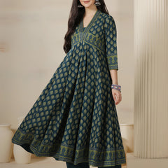 Teal Blue Pure Cotton Printed V-Neck 3/4 Sleeves Calf Length Flared Kurta Pant And Dupatta Set Mizazjaipur