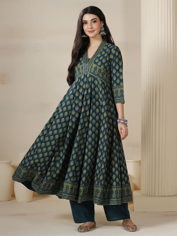 Teal Blue Pure Cotton Printed V-Neck 3/4 Sleeves Calf Length Flared Kurta Pant And Dupatta Set Mizazjaipur