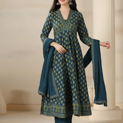 Teal Blue Pure Cotton Printed V-Neck 3/4 Sleeves Calf Length Flared Kurta Pant And Dupatta Set Mizazjaipur