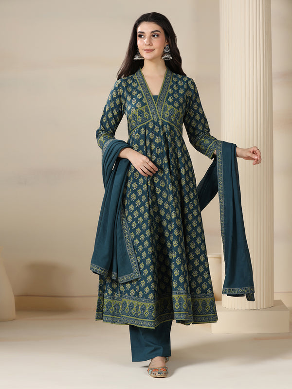 Teal Blue Pure Cotton Printed V-Neck 3/4 Sleeves Calf Length Flared Kurta Pant And Dupatta Set Mizazjaipur