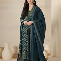 Teal Blue Pure Cotton Printed V-Neck 3/4 Sleeves Calf Length Flared Kurta Pant And Dupatta Set Mizazjaipur