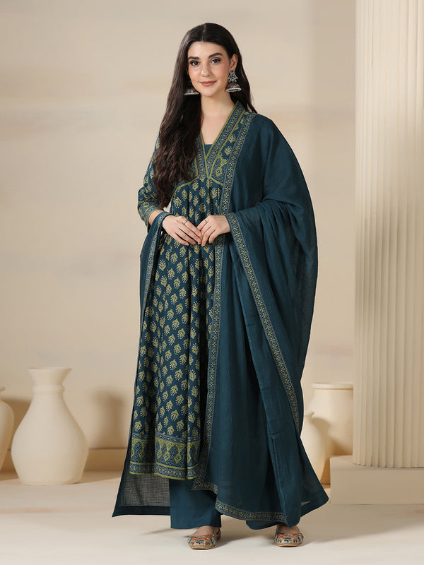 Teal Blue Pure Cotton Printed V-Neck 3/4 Sleeves Calf Length Flared Kurta Pant And Dupatta Set Mizazjaipur