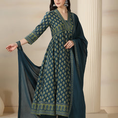Teal Blue Pure Cotton Printed V-Neck 3/4 Sleeves Calf Length Flared Kurta Pant And Dupatta Set Mizazjaipur