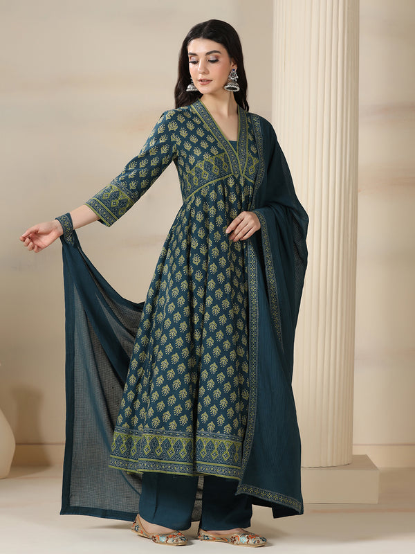 Teal Blue Pure Cotton Printed V-Neck 3/4 Sleeves Calf Length Flared Kurta Pant And Dupatta Set Mizazjaipur