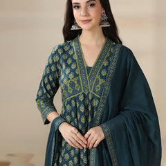 Teal Blue Pure Cotton Printed V-Neck 3/4 Sleeves Calf Length Flared Kurta Pant And Dupatta Set Mizazjaipur