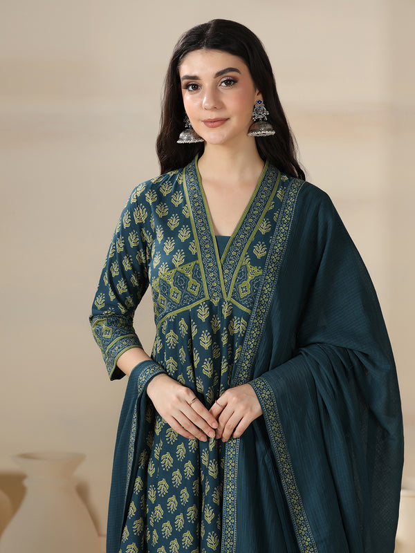 Teal Blue Pure Cotton Printed V-Neck 3/4 Sleeves Calf Length Flared Kurta Pant And Dupatta Set Mizazjaipur