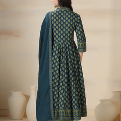 Teal Blue Pure Cotton Printed V-Neck 3/4 Sleeves Calf Length Flared Kurta Pant And Dupatta Set Mizazjaipur