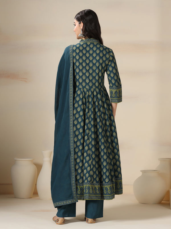 Teal Blue Pure Cotton Printed V-Neck 3/4 Sleeves Calf Length Flared Kurta Pant And Dupatta Set Mizazjaipur