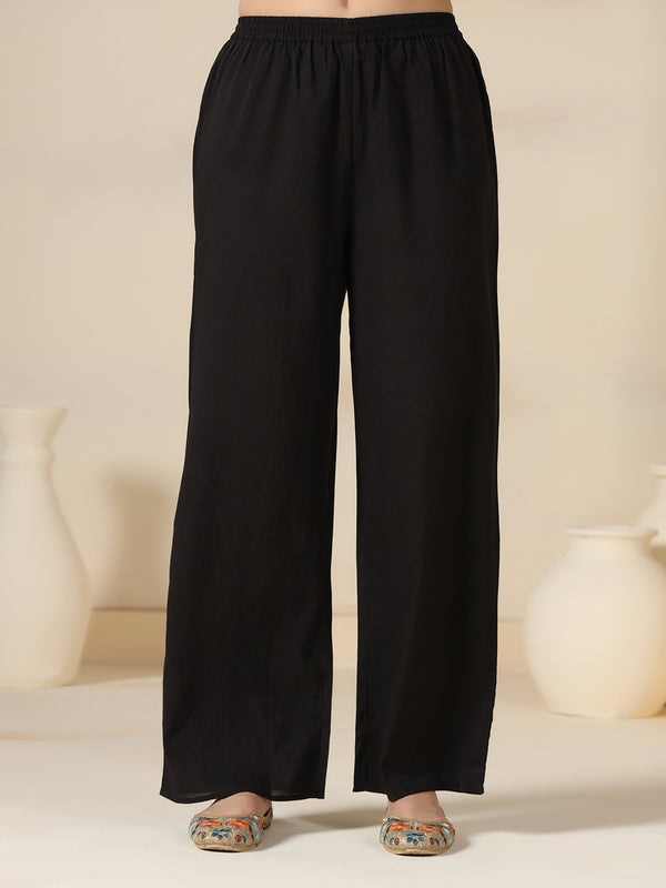 Black Pure Cotton Printed Mirror Work V-Neck 3/4 Sleeves Calf Length Flared Kurta Pant And Dupatta Set Mizazjaipur