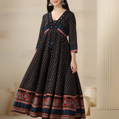 Black Pure Cotton Printed Mirror Work V-Neck 3/4 Sleeves Calf Length Flared Kurta Pant And Dupatta Set Mizazjaipur