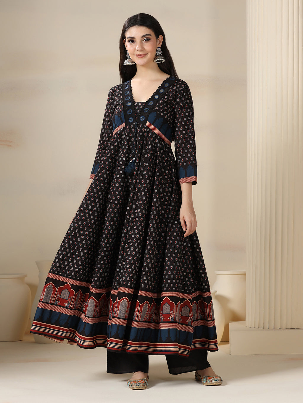 Black Pure Cotton Printed Mirror Work V-Neck 3/4 Sleeves Calf Length Flared Kurta Pant And Dupatta Set Mizazjaipur