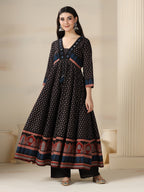 Black Pure Cotton Printed Mirror Work V-Neck 3/4 Sleeves Calf Length Flared Kurta Pant And Dupatta Set Mizazjaipur