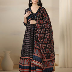Black Pure Cotton Printed Mirror Work V-Neck 3/4 Sleeves Calf Length Flared Kurta Pant And Dupatta Set Mizazjaipur