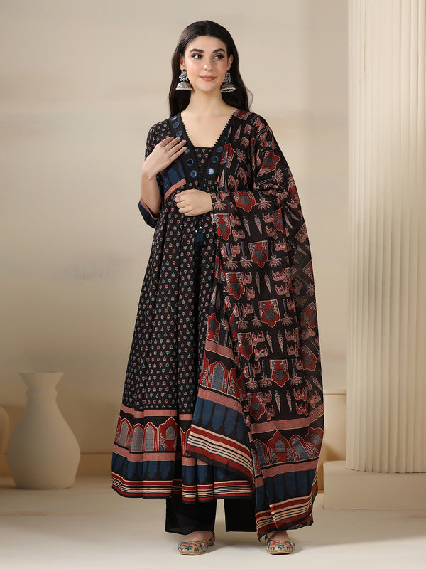 Black Pure Cotton Printed Mirror Work V-Neck 3/4 Sleeves Calf Length Flared Kurta Pant And Dupatta Set Mizazjaipur