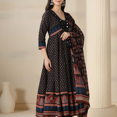Black Pure Cotton Printed Mirror Work V-Neck 3/4 Sleeves Calf Length Flared Kurta Pant And Dupatta Set Mizazjaipur
