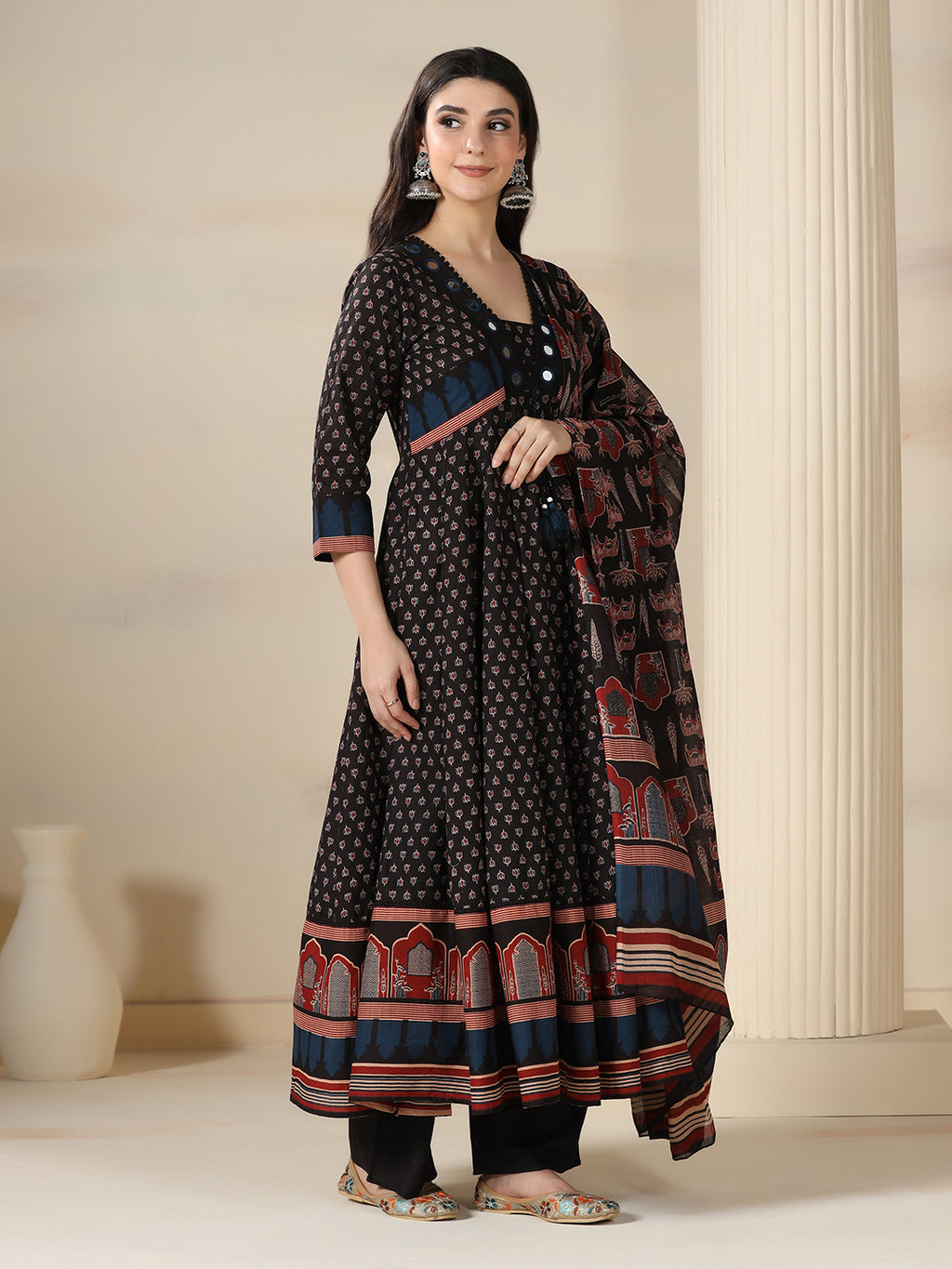 Black Pure Cotton Printed Mirror Work V-Neck 3/4 Sleeves Calf Length Flared Kurta Pant And Dupatta Set Mizazjaipur