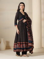 Black Pure Cotton Printed Mirror Work V-Neck 3/4 Sleeves Calf Length Flared Kurta Pant And Dupatta Set Mizazjaipur