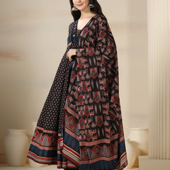 Black Pure Cotton Printed Mirror Work V-Neck 3/4 Sleeves Calf Length Flared Kurta Pant And Dupatta Set Mizazjaipur