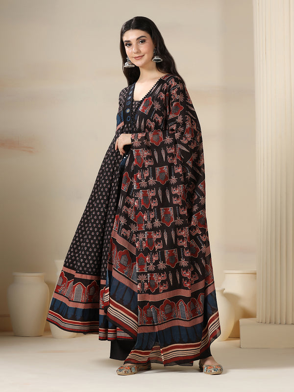 Black Pure Cotton Printed Mirror Work V-Neck 3/4 Sleeves Calf Length Flared Kurta Pant And Dupatta Set Mizazjaipur