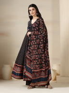 Black Pure Cotton Printed Mirror Work V-Neck 3/4 Sleeves Calf Length Flared Kurta Pant And Dupatta Set Mizazjaipur