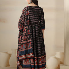 Black Pure Cotton Printed Mirror Work V-Neck 3/4 Sleeves Calf Length Flared Kurta Pant And Dupatta Set Mizazjaipur
