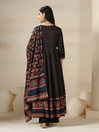 Black Pure Cotton Printed Mirror Work V-Neck 3/4 Sleeves Calf Length Flared Kurta Pant And Dupatta Set Mizazjaipur