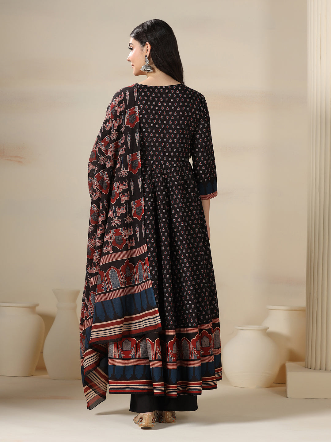 Black Pure Cotton Printed Mirror Work V-Neck 3/4 Sleeves Calf Length Flared Kurta Pant And Dupatta Set Mizazjaipur