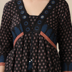 Black Pure Cotton Printed Mirror Work V-Neck 3/4 Sleeves Calf Length Flared Kurta Pant And Dupatta Set Mizazjaipur