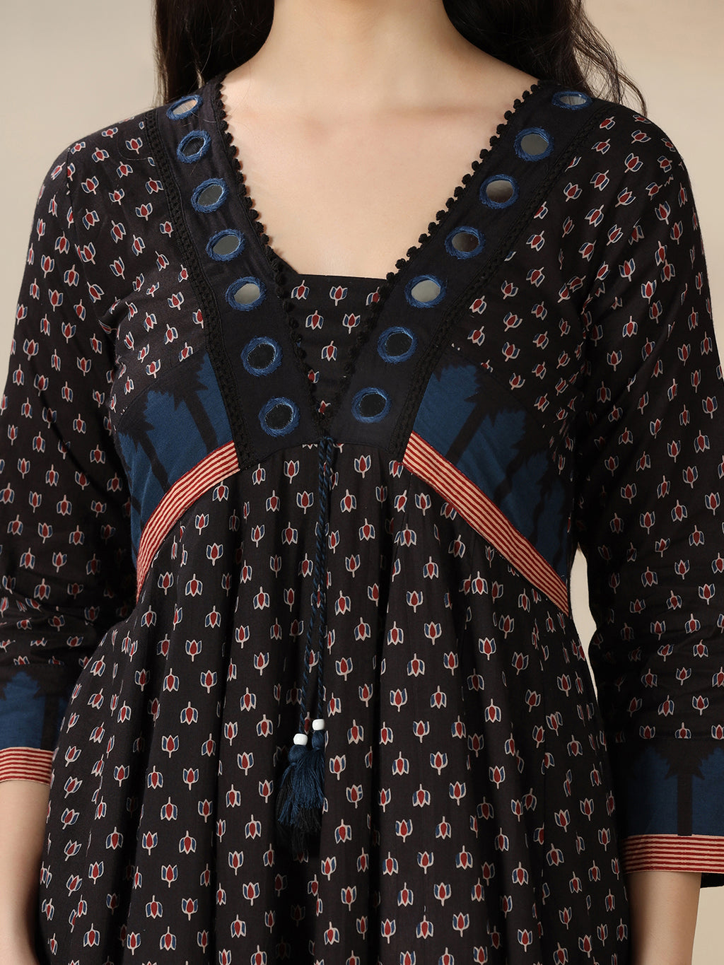 Black Pure Cotton Printed Mirror Work V-Neck 3/4 Sleeves Calf Length Flared Kurta Pant And Dupatta Set Mizazjaipur