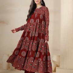 Maroon Rayon Printed Round Neck Full Sleeves Calf Length Flared Kurta Pant And Dupatta Set Mizazjaipur