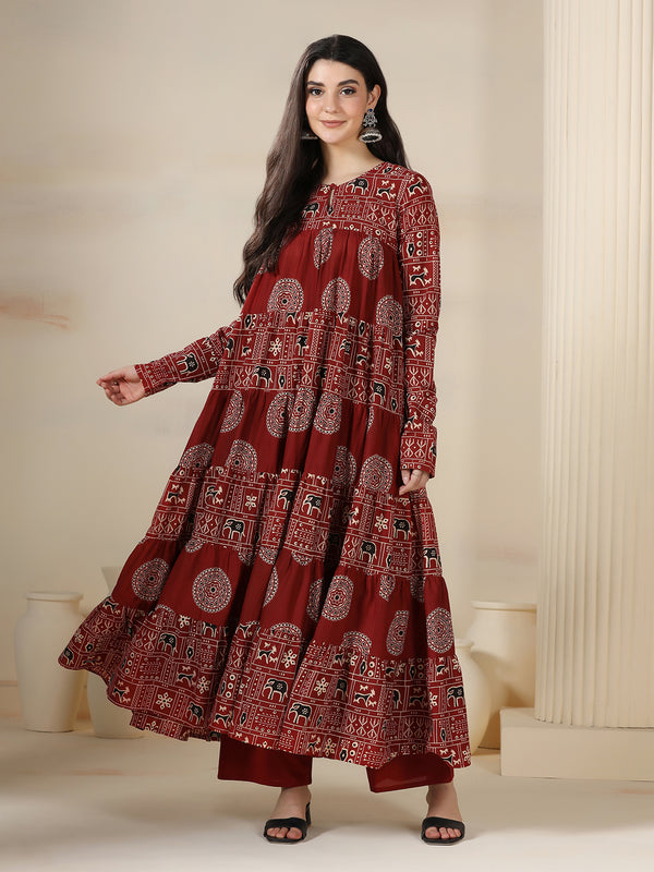 Maroon Rayon Printed Round Neck Full Sleeves Calf Length Flared Kurta Pant And Dupatta Set Mizazjaipur
