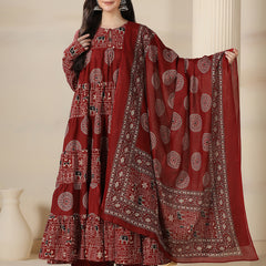 Maroon Rayon Printed Round Neck Full Sleeves Calf Length Flared Kurta Pant And Dupatta Set Mizazjaipur