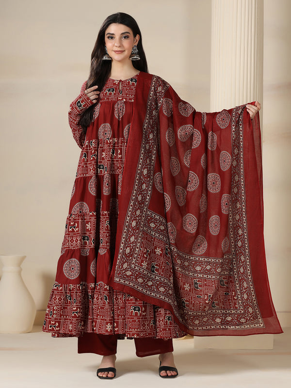 Maroon Rayon Printed Round Neck Full Sleeves Calf Length Flared Kurta Pant And Dupatta Set Mizazjaipur
