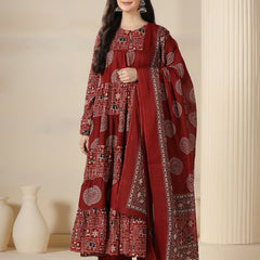 Maroon Rayon Printed Round Neck Full Sleeves Calf Length Flared Kurta Pant And Dupatta Set Mizazjaipur