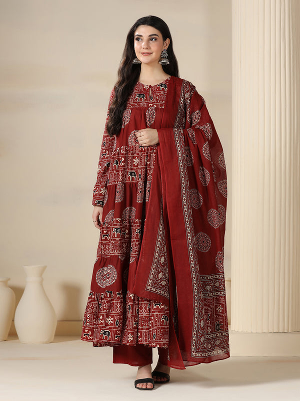Maroon Rayon Printed Round Neck Full Sleeves Calf Length Flared Kurta Pant And Dupatta Set Mizazjaipur
