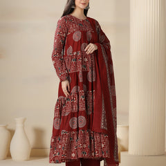 Maroon Rayon Printed Round Neck Full Sleeves Calf Length Flared Kurta Pant And Dupatta Set Mizazjaipur