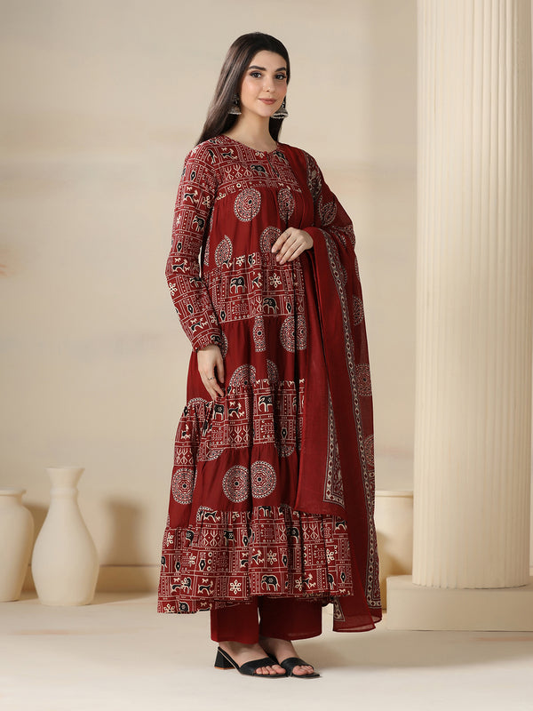 Maroon Rayon Printed Round Neck Full Sleeves Calf Length Flared Kurta Pant And Dupatta Set Mizazjaipur