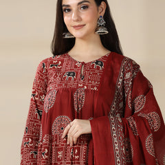 Maroon Rayon Printed Round Neck Full Sleeves Calf Length Flared Kurta Pant And Dupatta Set Mizazjaipur