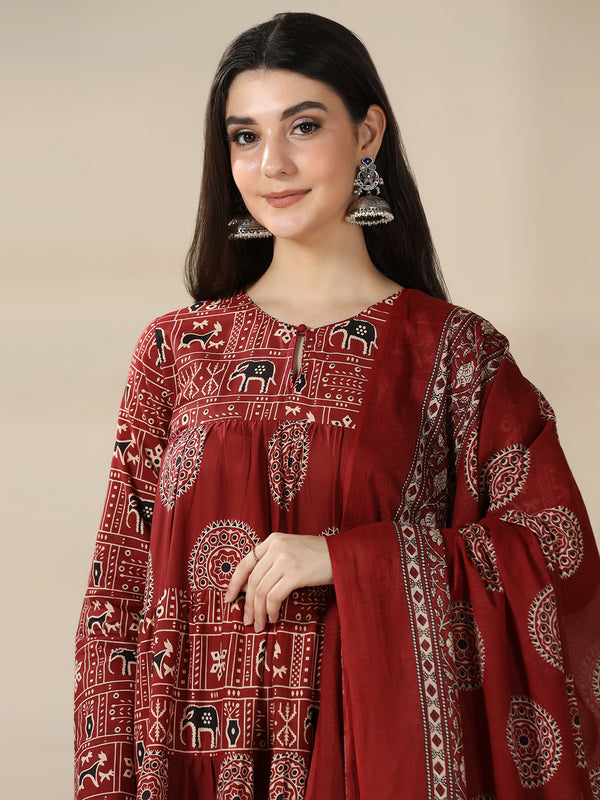 Maroon Rayon Printed Round Neck Full Sleeves Calf Length Flared Kurta Pant And Dupatta Set Mizazjaipur