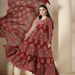 Maroon Rayon Printed Round Neck Full Sleeves Calf Length Flared Kurta Pant And Dupatta Set 2XL Mizazjaipur
