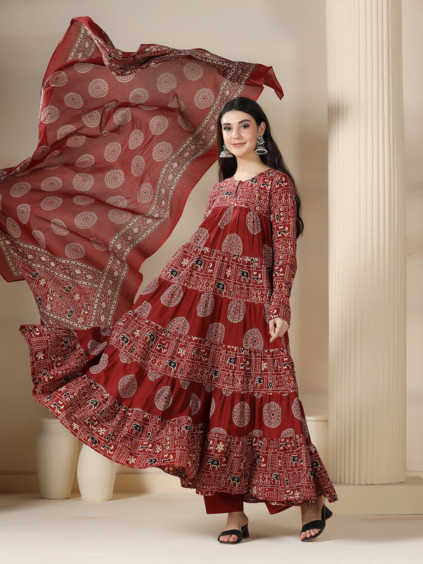 Maroon Rayon Printed Round Neck Full Sleeves Calf Length Flared Kurta Pant And Dupatta Set Mizazjaipur