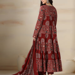 Maroon Rayon Printed Round Neck Full Sleeves Calf Length Flared Kurta Pant And Dupatta Set Mizazjaipur